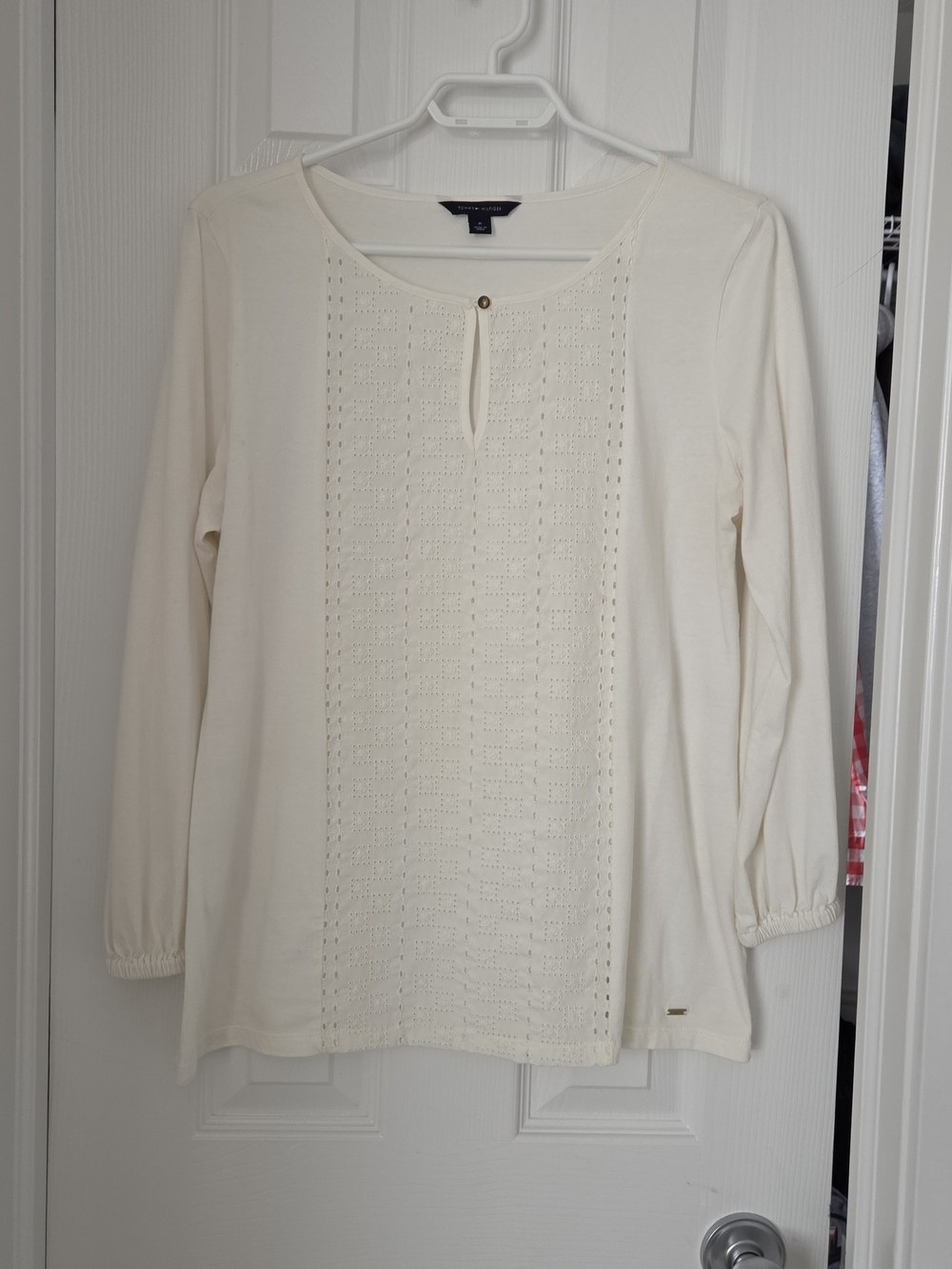Tommy Hilfiger Cream Long Sleeve Crochet-Panel Top Size M